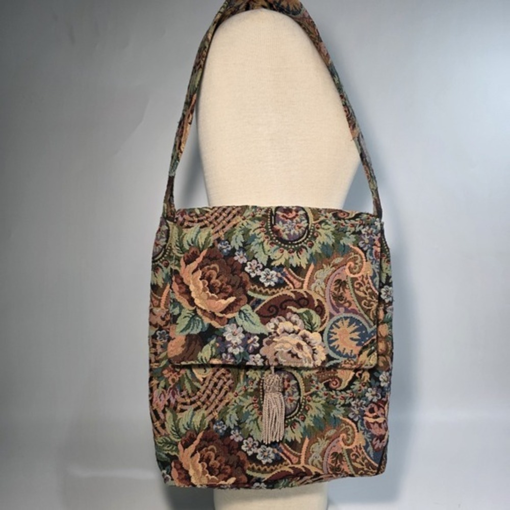 Maureen Kealy Floral‎ Tapestry Fabric Shoulder Bag Garden Theme Book or Laptop